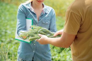 Chica con carpeta analizando plantación