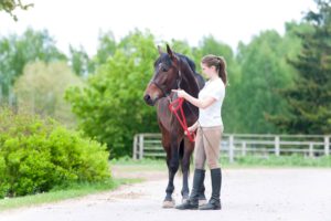 Chica adolescente con traje de hípica al lado de caballo