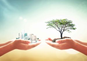 Dos manos sujetando montaje de edificios una y árbol otra