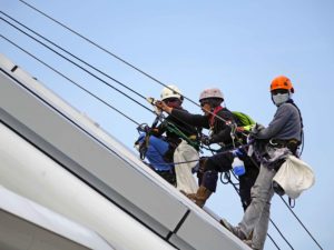 obreros colgados de arnés en fachada de edificio